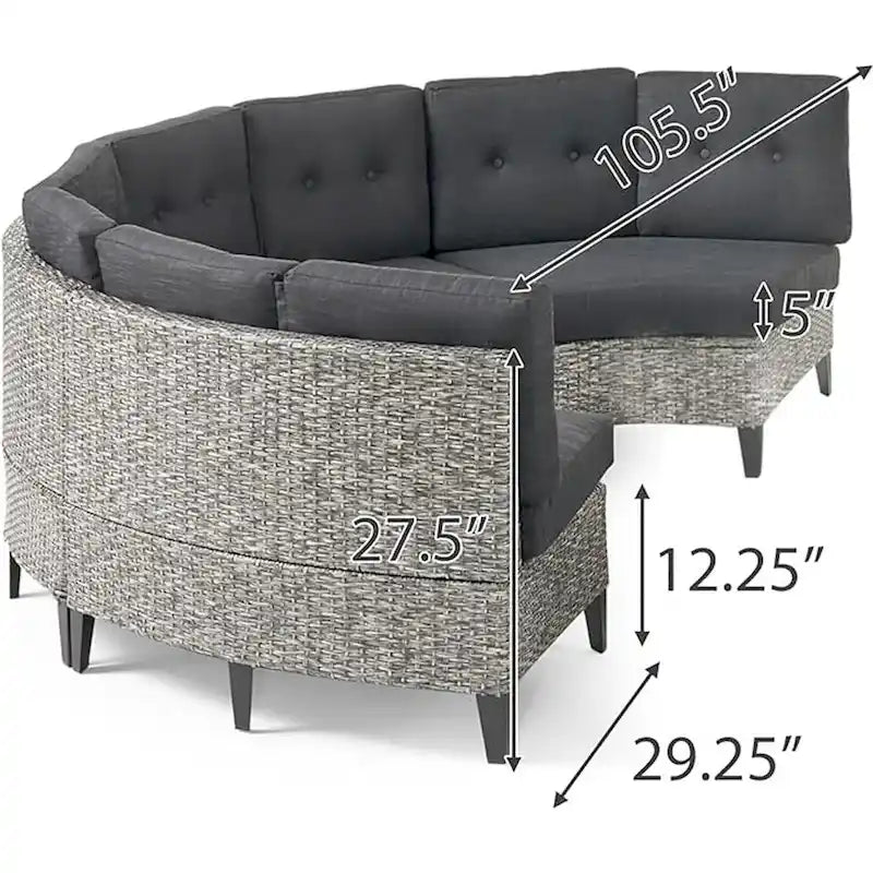 Canapé d'extérieur incurvé 4 places Rune, Résine tressée PE, Fer, Tissu gris