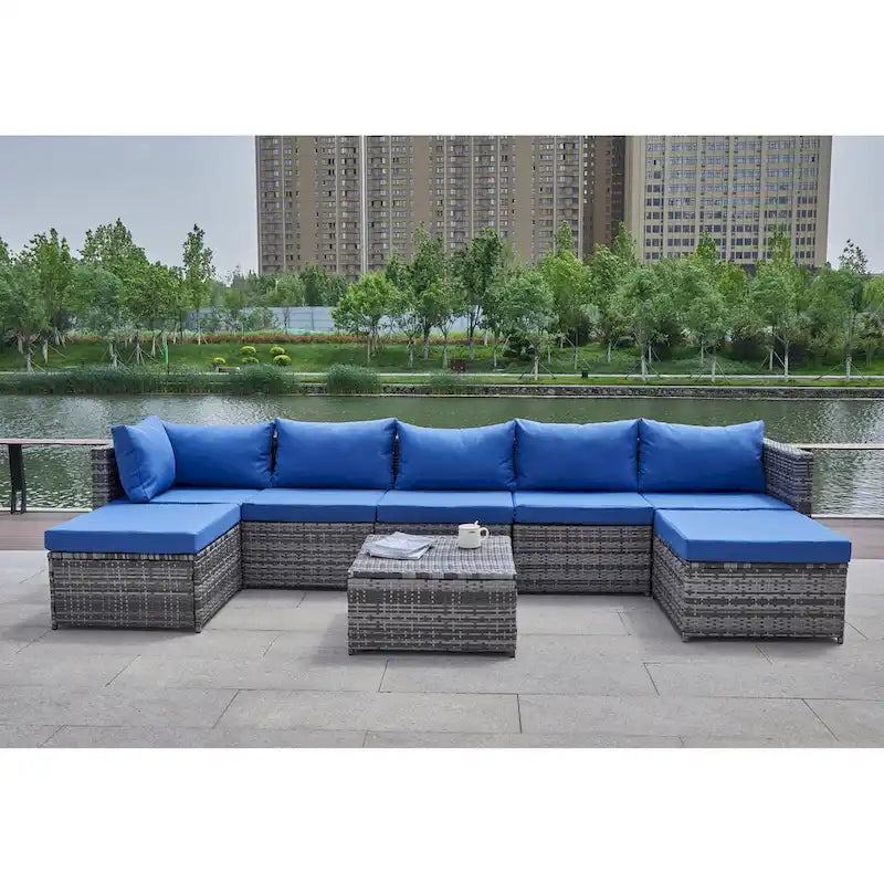 Ensemble de canapé d'angle de patio 8 pièces, salon de jardin en rotin synthétique tressé résistant aux intempéries avec coussins et table basse