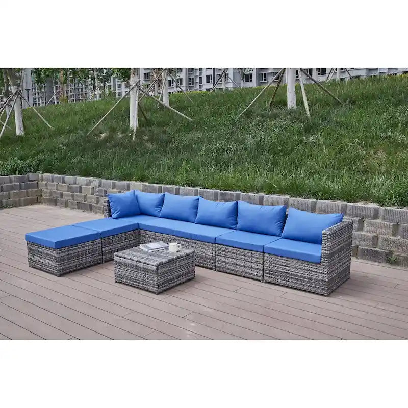 Ensemble de canapé d'angle de patio 8 pièces, salon de jardin en rotin synthétique tressé résistant aux intempéries avec coussins et table basse