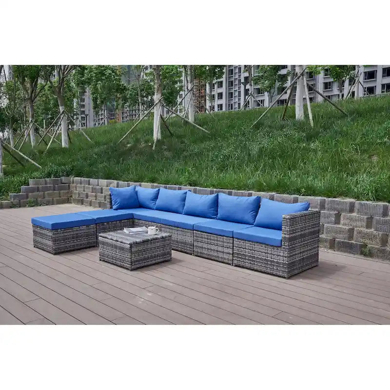 Ensemble de canapé d'angle de patio 8 pièces, salon de jardin en rotin synthétique tressé résistant aux intempéries avec coussins et table basse