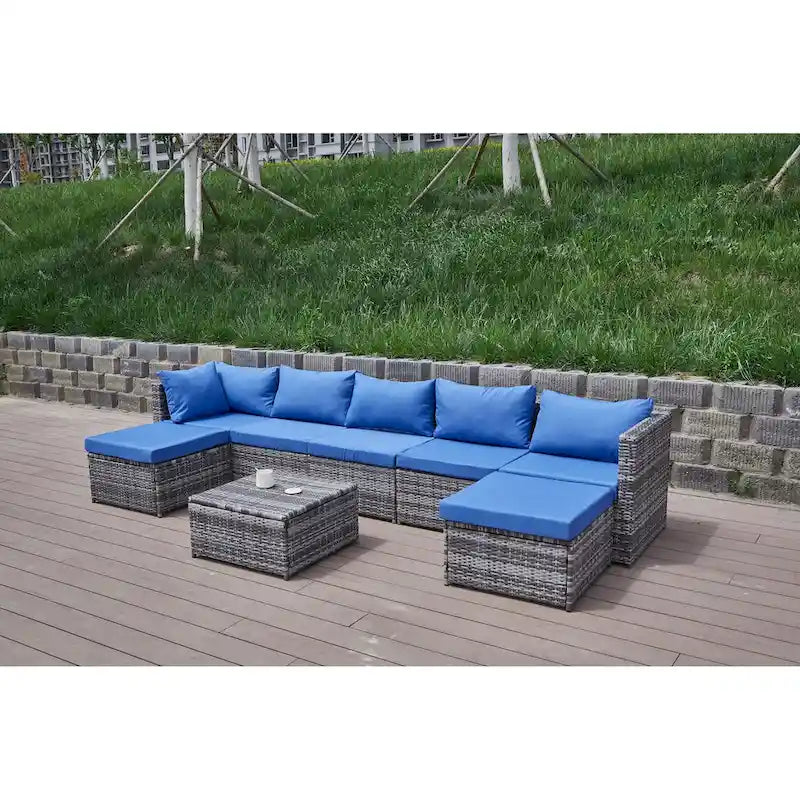 Ensemble de canapé d'angle de patio 8 pièces, salon de jardin en rotin synthétique tressé résistant aux intempéries avec coussins et table basse