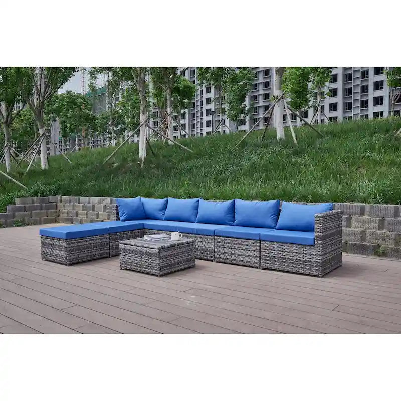 Ensemble de canapé d'angle de patio 8 pièces, salon de jardin en rotin synthétique tressé résistant aux intempéries avec coussins et table basse
