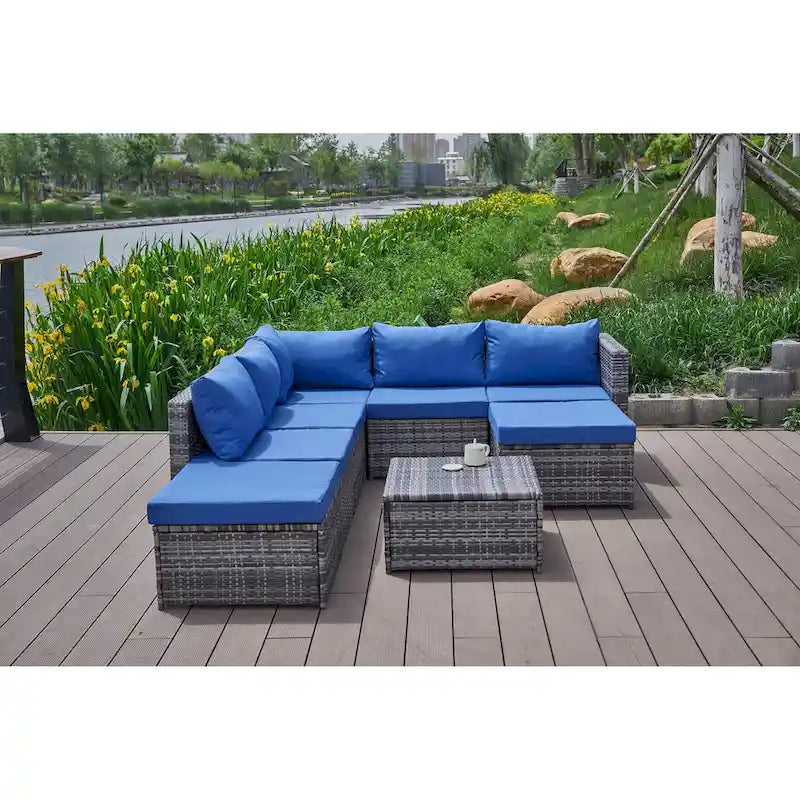 Ensemble de canapé d'angle de patio 8 pièces, salon de jardin en rotin synthétique tressé résistant aux intempéries avec coussins et table basse