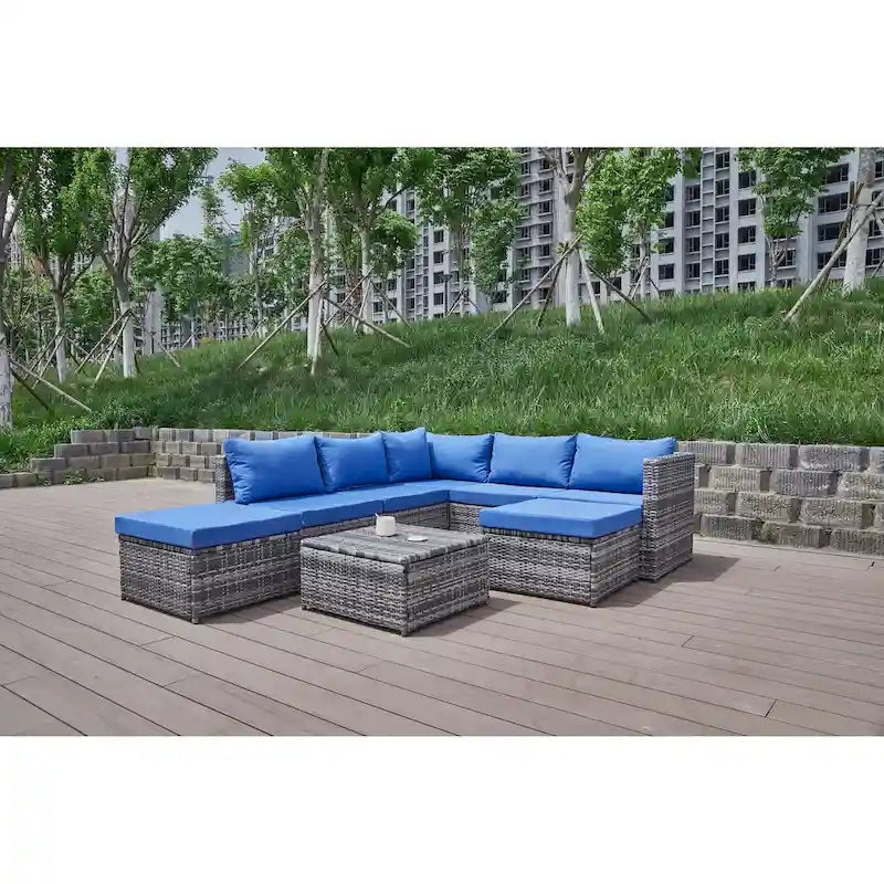 Ensemble de canapé d'angle de patio 8 pièces, salon de jardin en rotin synthétique tressé résistant aux intempéries avec coussins et table basse