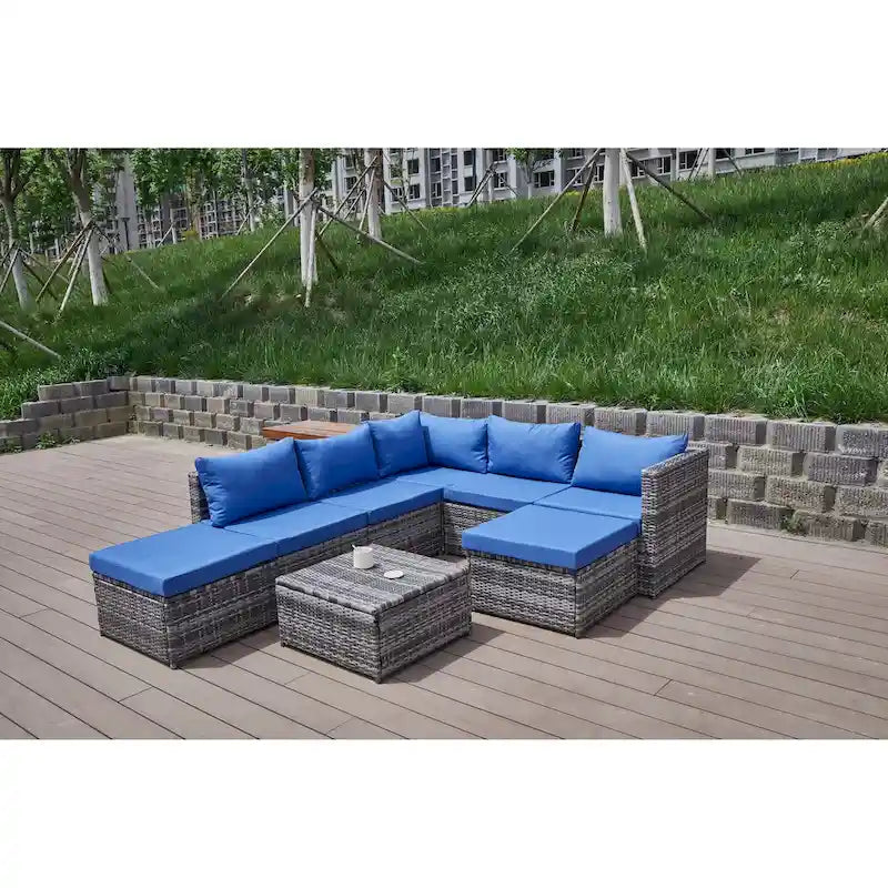 Ensemble de canapé d'angle de patio 8 pièces, salon de jardin en rotin synthétique tressé résistant aux intempéries avec coussins et table basse