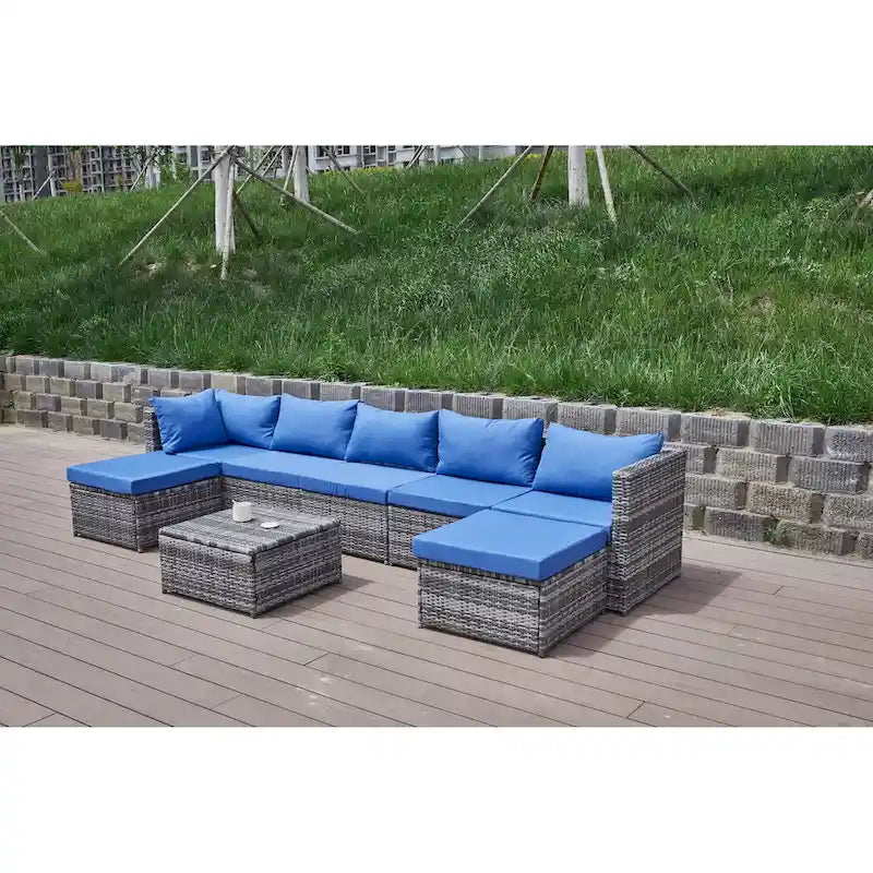 Ensemble de canapé d'angle de patio 8 pièces, salon de jardin en rotin synthétique tressé résistant aux intempéries avec coussins et table basse