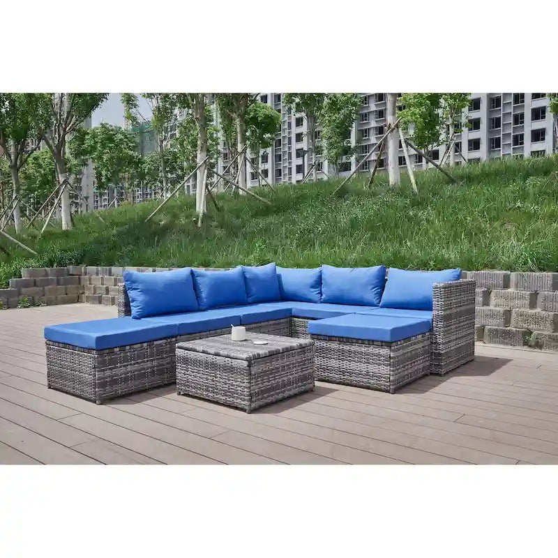Ensemble de canapé d'angle de patio 8 pièces, salon de jardin en rotin synthétique tressé résistant aux intempéries avec coussins et table basse