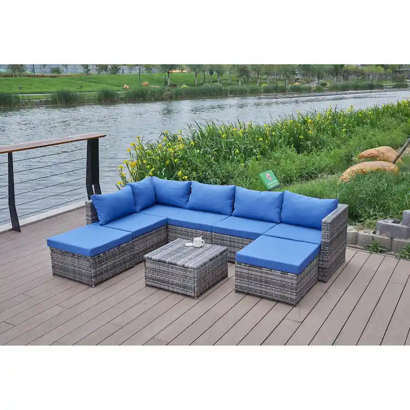 Ensemble de canapé d'angle de patio 8 pièces, salon de jardin en rotin synthétique tressé résistant aux intempéries avec coussins et table basse