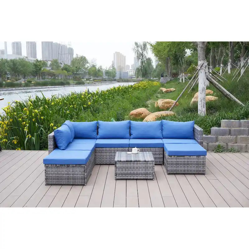 Ensemble de canapé d'angle de patio 8 pièces, salon de jardin en rotin synthétique tressé résistant aux intempéries avec coussins et table basse