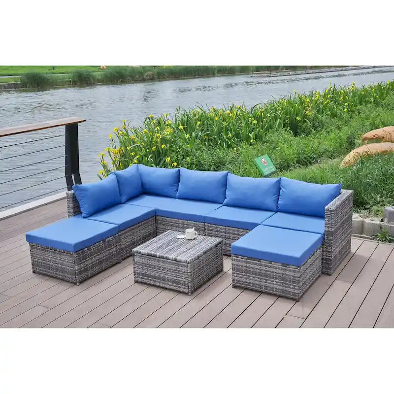 Ensemble de canapé d'angle de patio 8 pièces, salon de jardin en rotin synthétique tressé résistant aux intempéries avec coussins et table basse