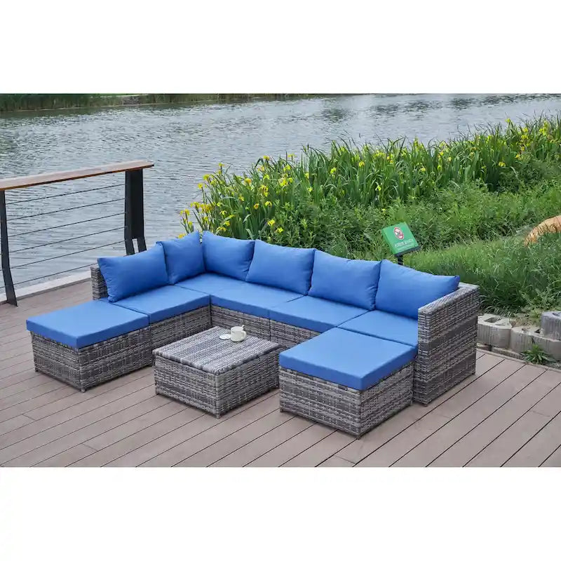 Ensemble de canapé d'angle de patio 8 pièces, salon de jardin en rotin synthétique tressé résistant aux intempéries avec coussins et table basse