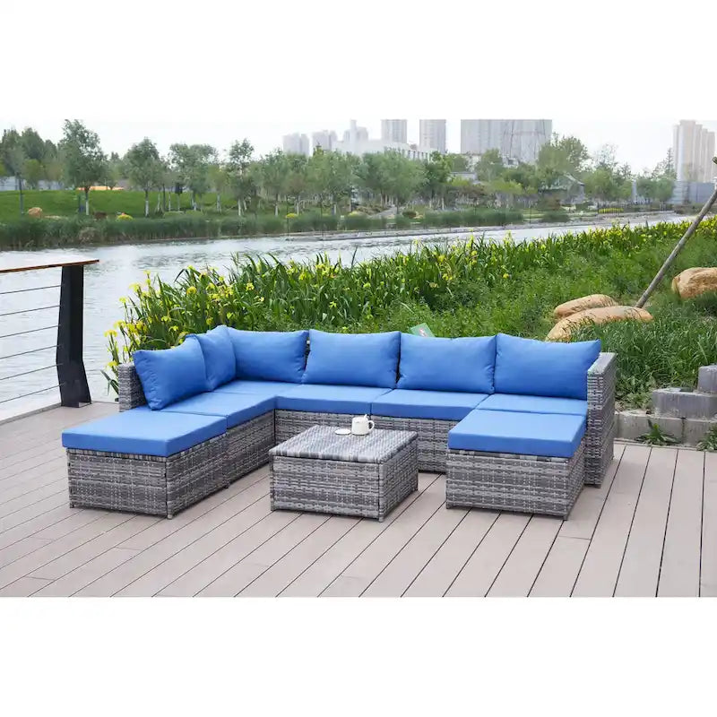 Ensemble de canapé d'angle de patio 8 pièces, salon de jardin en rotin synthétique tressé résistant aux intempéries avec coussins et table basse