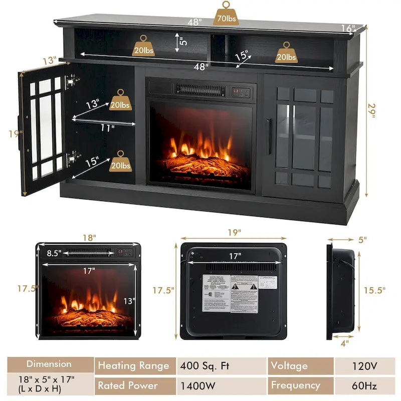 Meuble TV Gymax 48 po avec console, meuble TV avec cheminée - 48 x 16 x 30 po