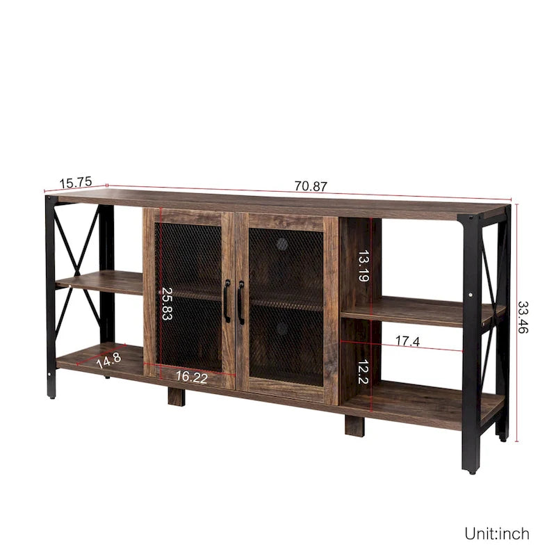 Meuble TV de style industriel/ferme avec 4 étagères et 2 armoires de rangement pour salons et cuisines