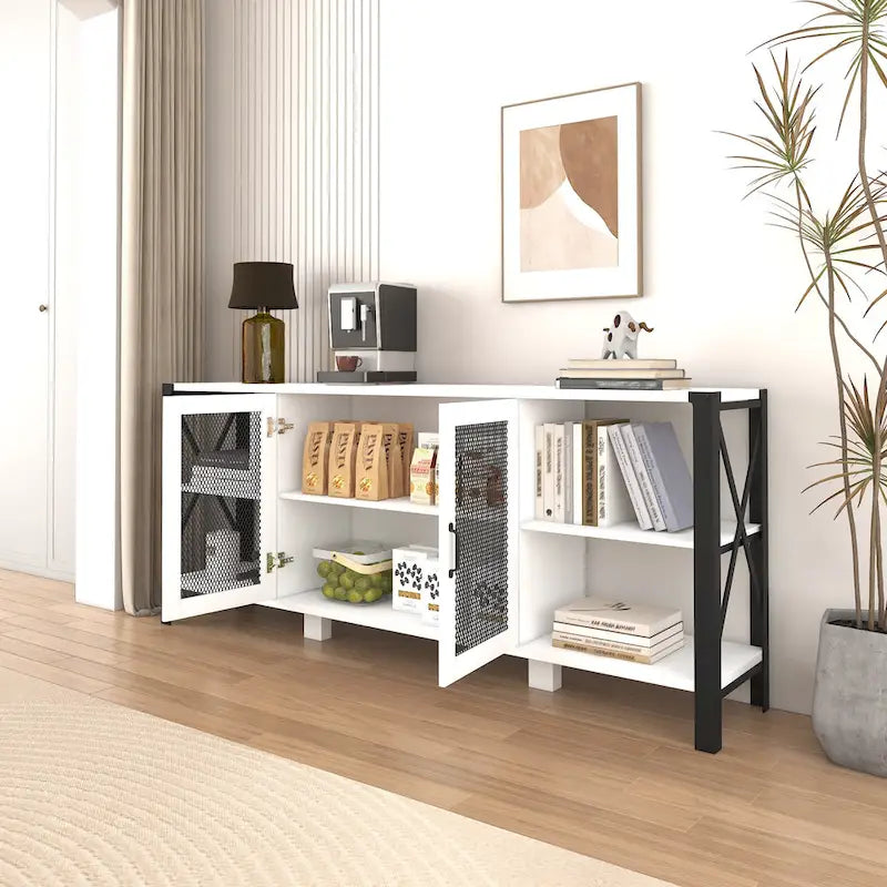 Meuble TV de style industriel/ferme avec 4 étagères et 2 armoires de rangement pour salons et cuisines