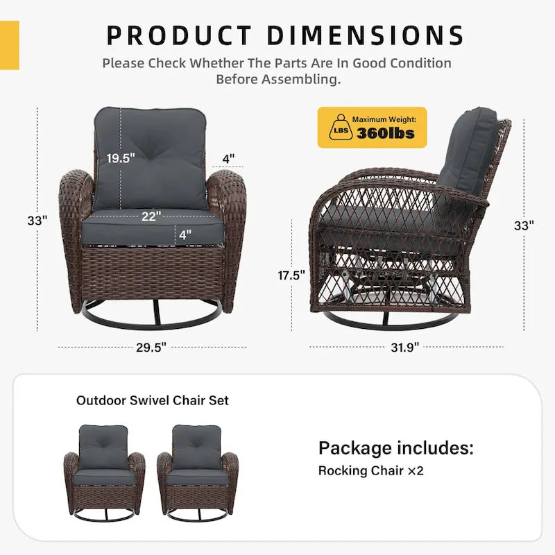 Lot de 2 fauteuils à bascule et pivotants d'extérieur en osier UPHA avec coussins