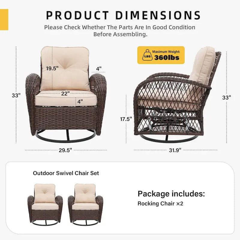 Lot de 2 fauteuils à bascule et pivotants d'extérieur en osier UPHA avec coussins