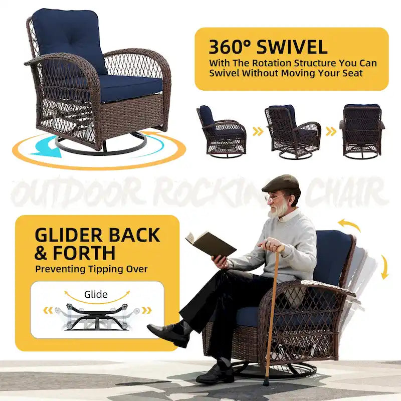 Lot de 2 fauteuils à bascule et pivotants d'extérieur en osier UPHA avec coussins