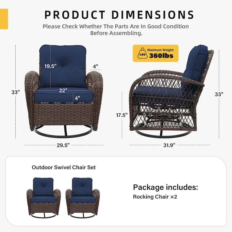 Lot de 2 fauteuils à bascule et pivotants d'extérieur en osier UPHA avec coussins