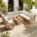Ensemble de mobilier de patio 4 pièces comprenant un canapé 3 places, 2 fauteuils pivotants et une table basse avec plateau en bois massif, salon de jardin