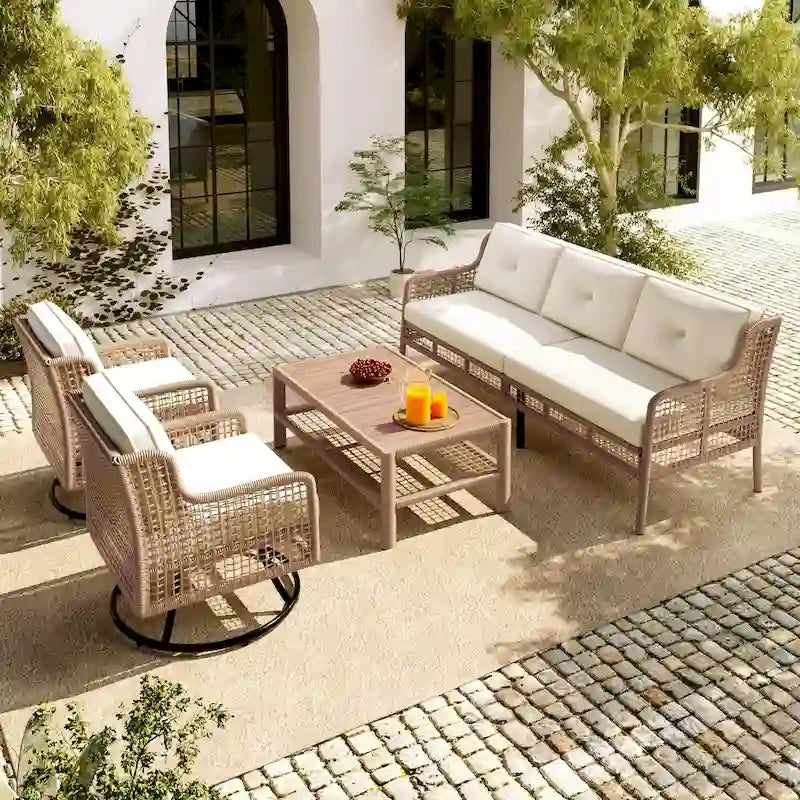 Ensemble de mobilier de patio 4 pièces comprenant un canapé 3 places, 2 fauteuils pivotants et une table basse avec plateau en bois massif, salon de jardin