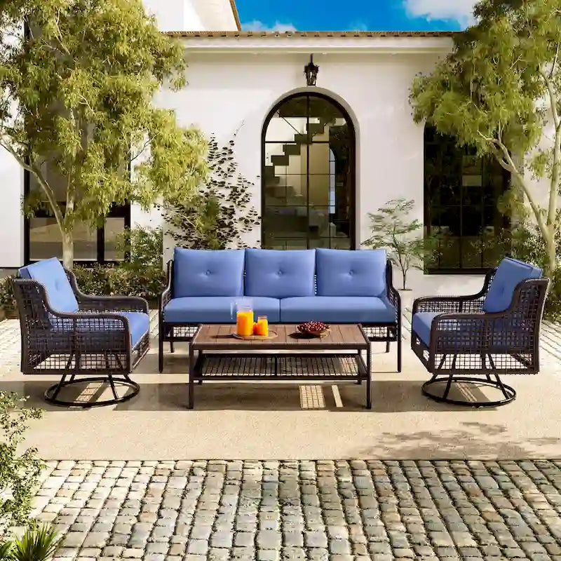 4 Pieces Patio Sofa Furniture Set 3-seater Sofa, 2 Swivel Chairs and Solid Wood Tabletop Coffee Table, Outdoor Conversation Set