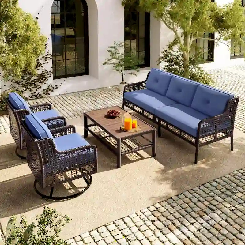 Ensemble de mobilier de patio 4 pièces comprenant un canapé 3 places, 2 fauteuils pivotants et une table basse avec plateau en bois massif, salon de jardin