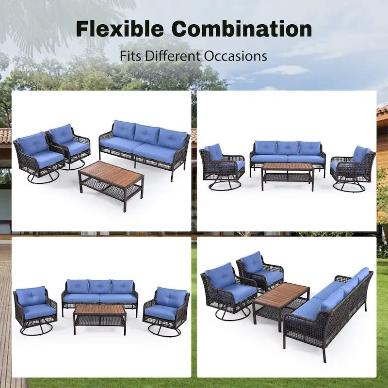 Ensemble de mobilier de patio 4 pièces comprenant un canapé 3 places, 2 fauteuils pivotants et une table basse avec plateau en bois massif, salon de jardin