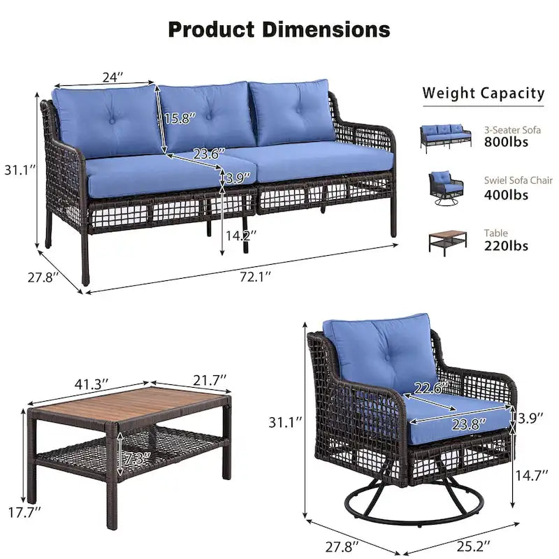 Ensemble de mobilier de patio 4 pièces comprenant un canapé 3 places, 2 fauteuils pivotants et une table basse avec plateau en bois massif, salon de jardin