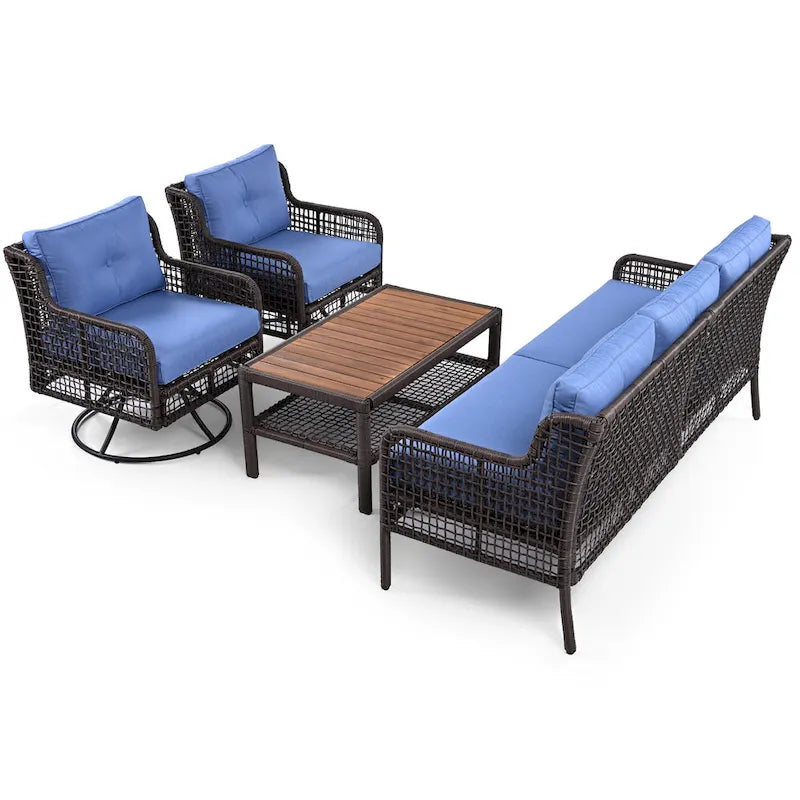 Ensemble de mobilier de patio 4 pièces comprenant un canapé 3 places, 2 fauteuils pivotants et une table basse avec plateau en bois massif, salon de jardin