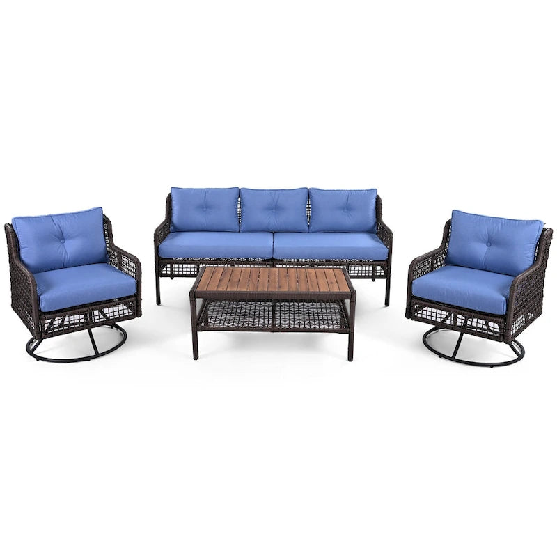 Ensemble de mobilier de patio 4 pièces comprenant un canapé 3 places, 2 fauteuils pivotants et une table basse avec plateau en bois massif, salon de jardin
