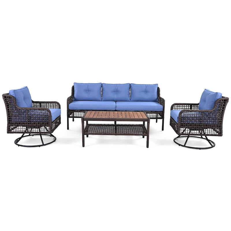 Ensemble de mobilier de patio 4 pièces comprenant un canapé 3 places, 2 fauteuils pivotants et une table basse avec plateau en bois massif, salon de jardin