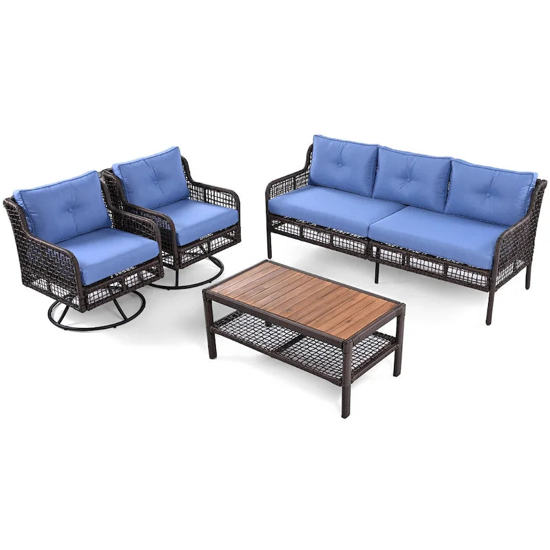 Ensemble de mobilier de patio 4 pièces comprenant un canapé 3 places, 2 fauteuils pivotants et une table basse avec plateau en bois massif, salon de jardin
