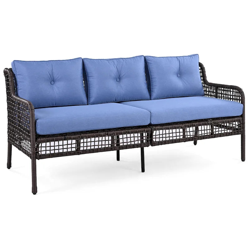 Ensemble de mobilier de patio 4 pièces comprenant un canapé 3 places, 2 fauteuils pivotants et une table basse avec plateau en bois massif, salon de jardin