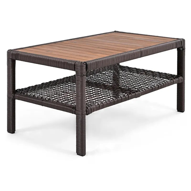 Ensemble de mobilier de patio 4 pièces comprenant un canapé 3 places, 2 fauteuils pivotants et une table basse avec plateau en bois massif, salon de jardin
