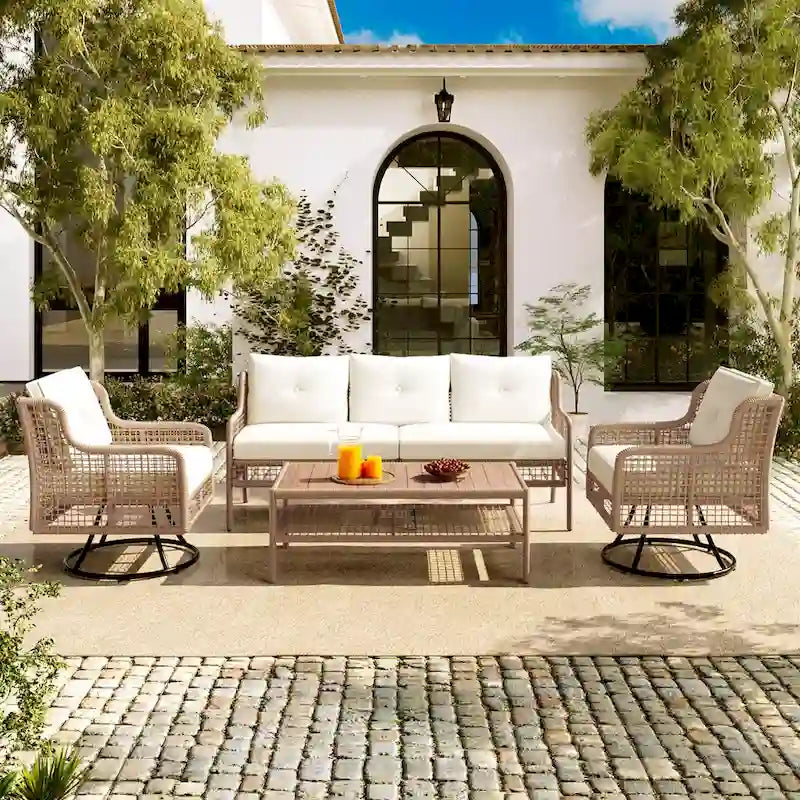 Ensemble de mobilier de patio 4 pièces comprenant un canapé 3 places, 2 fauteuils pivotants et une table basse avec plateau en bois massif, salon de jardin