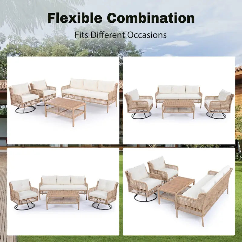 Ensemble de mobilier de patio 4 pièces comprenant un canapé 3 places, 2 fauteuils pivotants et une table basse avec plateau en bois massif, salon de jardin