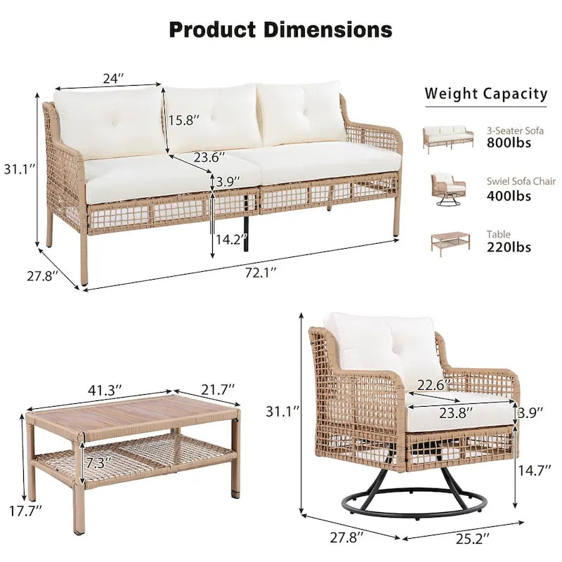 Ensemble de mobilier de patio 4 pièces comprenant un canapé 3 places, 2 fauteuils pivotants et une table basse avec plateau en bois massif, salon de jardin