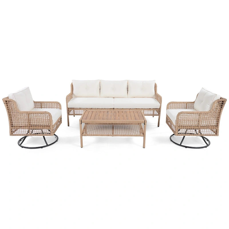 Ensemble de mobilier de patio 4 pièces comprenant un canapé 3 places, 2 fauteuils pivotants et une table basse avec plateau en bois massif, salon de jardin
