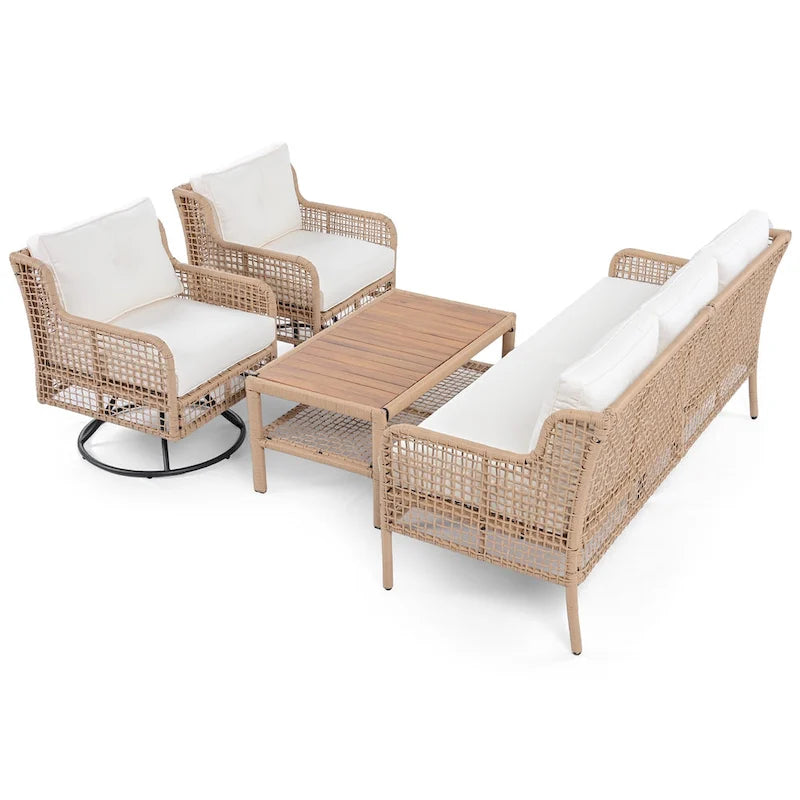 Ensemble de mobilier de patio 4 pièces comprenant un canapé 3 places, 2 fauteuils pivotants et une table basse avec plateau en bois massif, salon de jardin