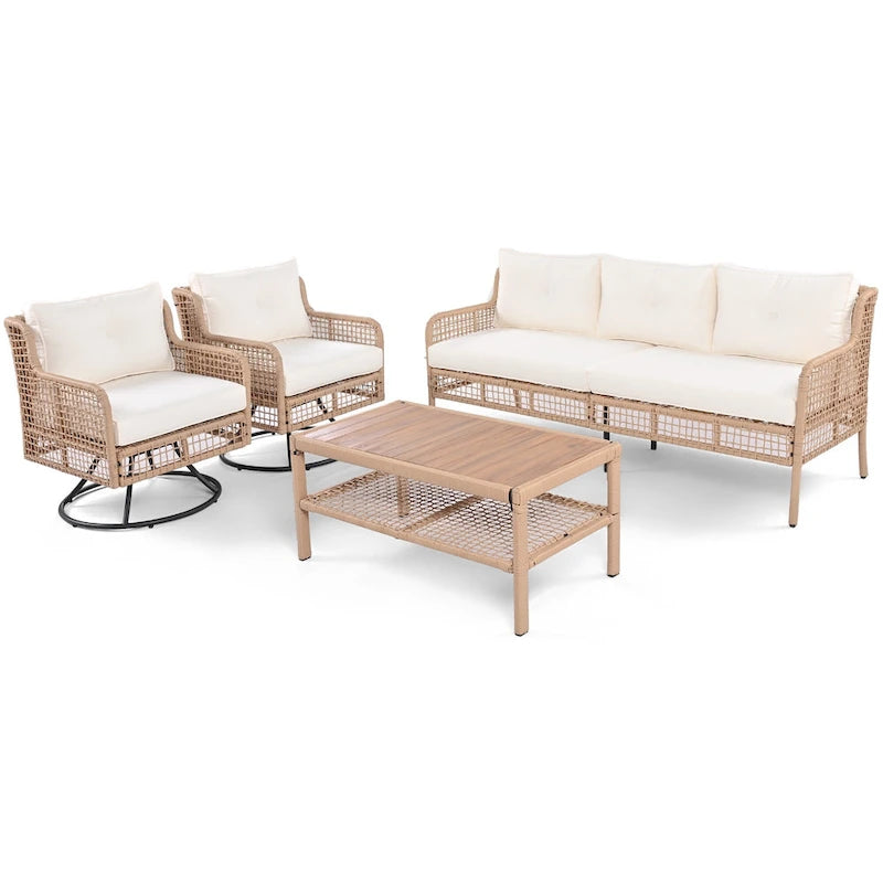 Ensemble de mobilier de patio 4 pièces comprenant un canapé 3 places, 2 fauteuils pivotants et une table basse avec plateau en bois massif, salon de jardin