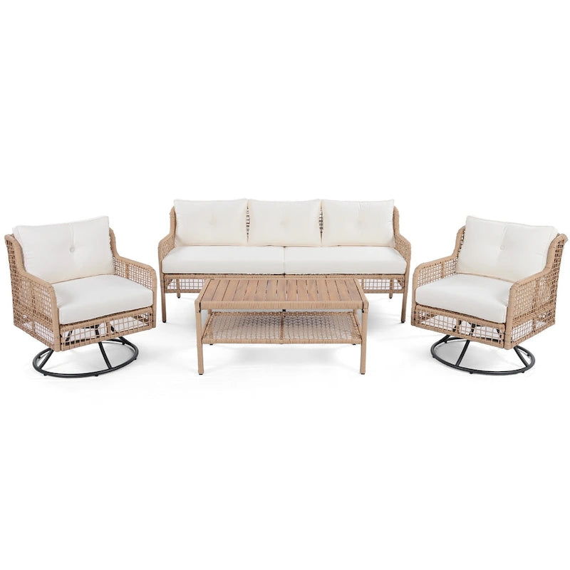 Ensemble de mobilier de patio 4 pièces comprenant un canapé 3 places, 2 fauteuils pivotants et une table basse avec plateau en bois massif, salon de jardin