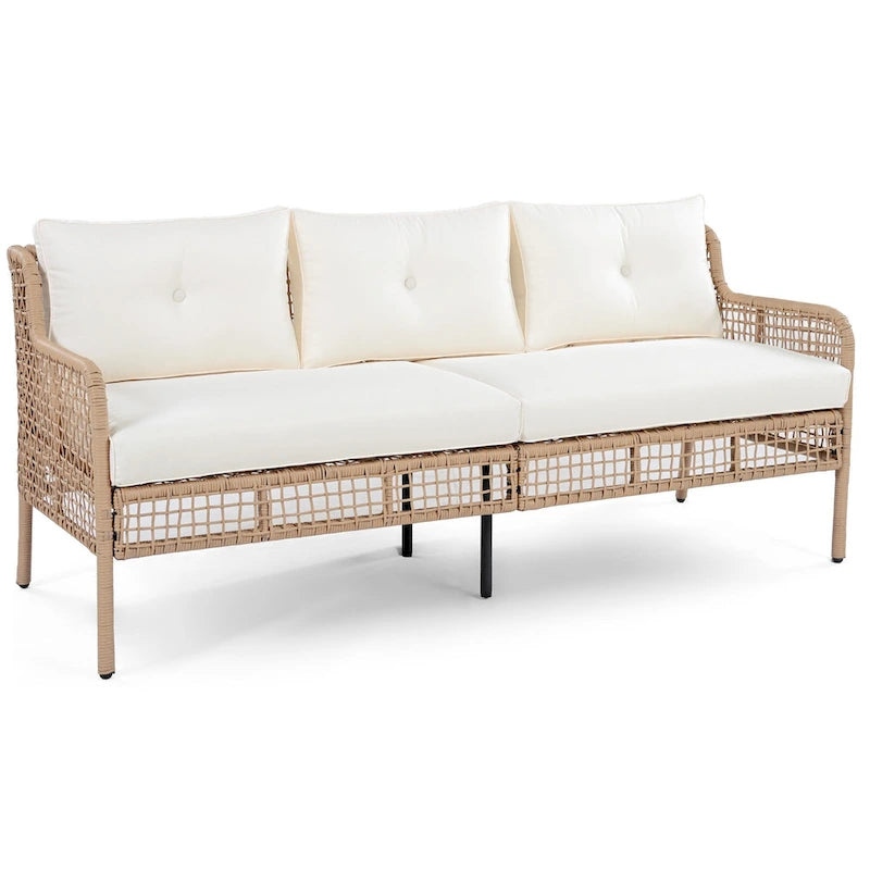 Ensemble de mobilier de patio 4 pièces comprenant un canapé 3 places, 2 fauteuils pivotants et une table basse avec plateau en bois massif, salon de jardin
