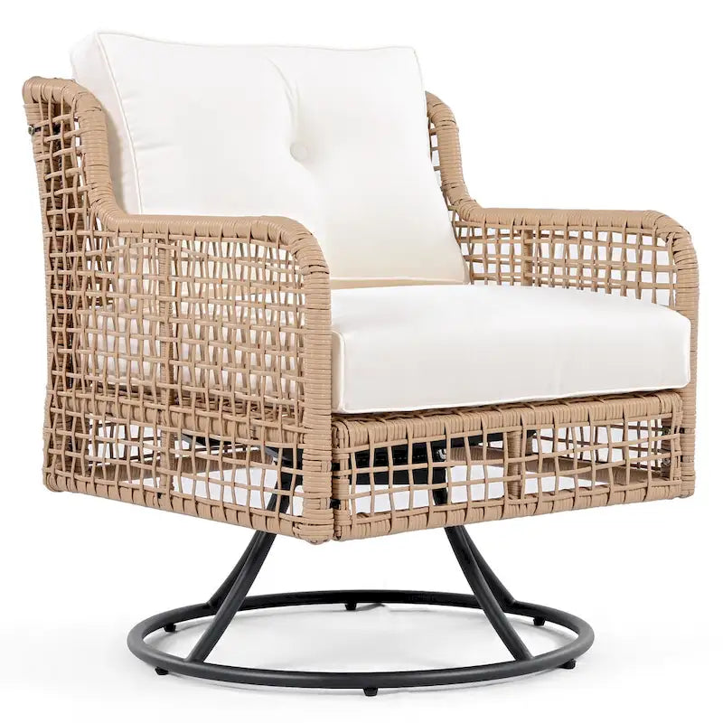 Ensemble de mobilier de patio 4 pièces comprenant un canapé 3 places, 2 fauteuils pivotants et une table basse avec plateau en bois massif, salon de jardin