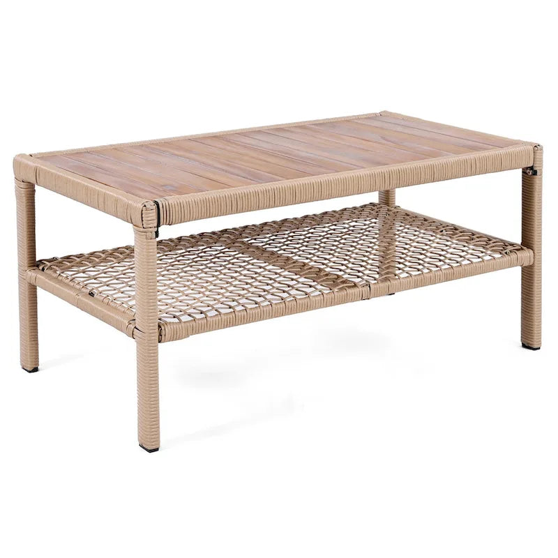 Ensemble de mobilier de patio 4 pièces comprenant un canapé 3 places, 2 fauteuils pivotants et une table basse avec plateau en bois massif, salon de jardin