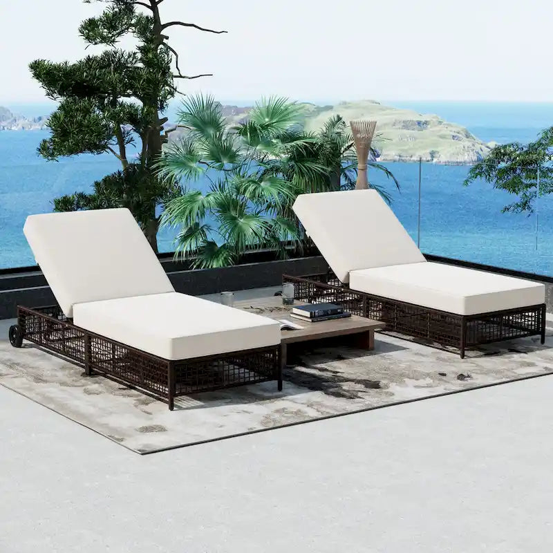 Patio Chaise Lounge with 5-Position Backrest, Cushion & Wheels