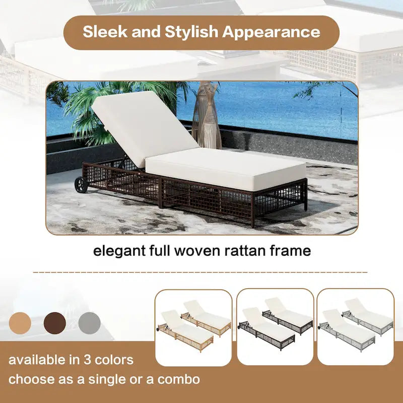 Chaise longue de patio avec dossier inclinable à 5 positions, coussin et roulettes