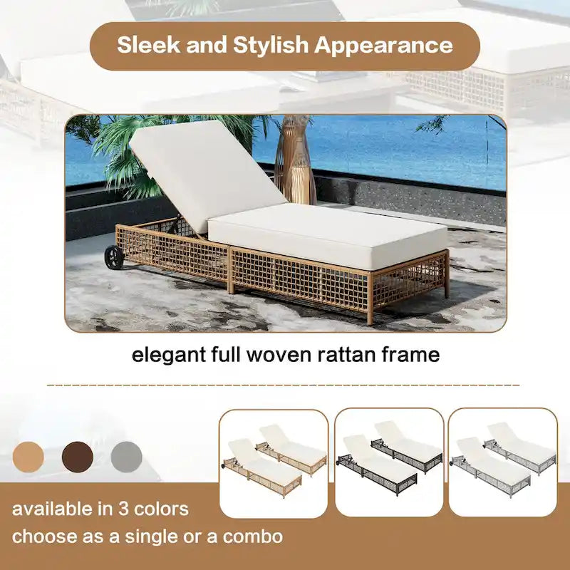 Chaise longue de patio avec dossier inclinable à 5 positions, coussin et roulettes