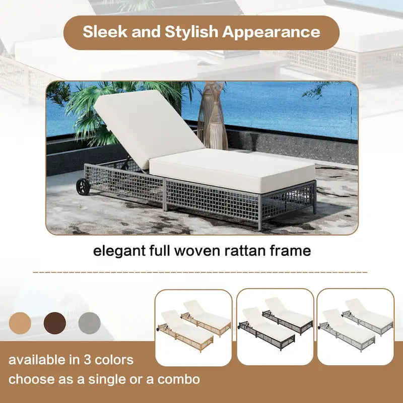 Chaise longue de patio avec dossier inclinable à 5 positions, coussin et roulettes