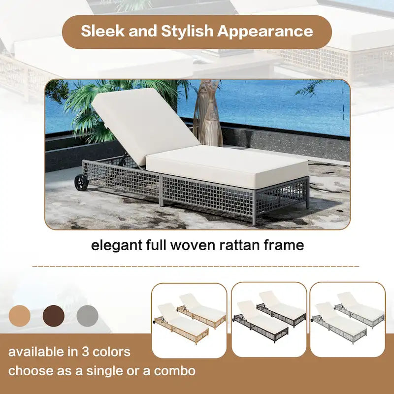 Chaise longue de patio avec dossier inclinable à 5 positions, coussin et roulettes